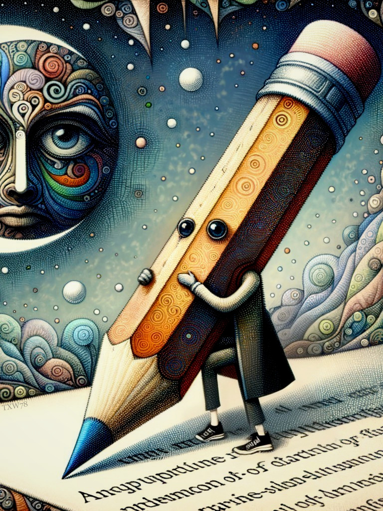 Whimsical Scene of Character Embracing Large Pencil