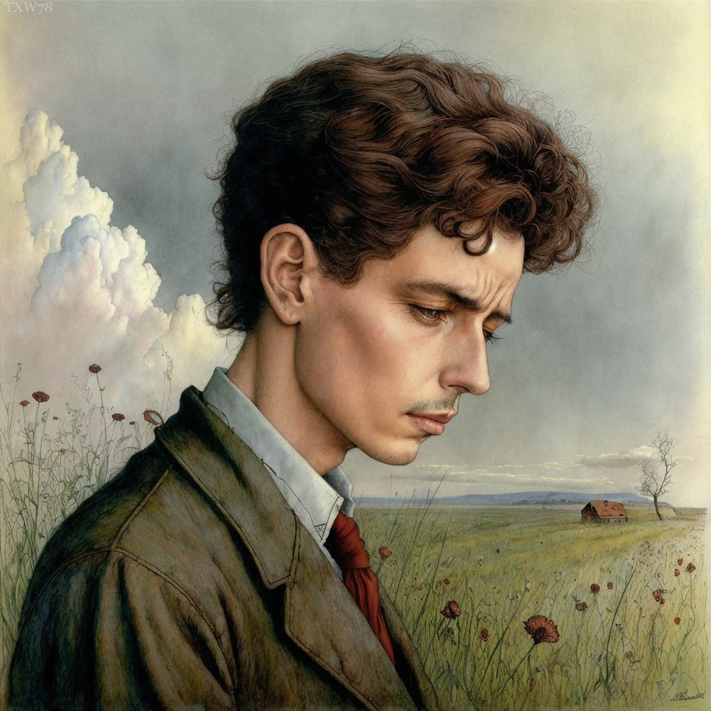 Contemplative Young Man in Lush Poppy Field Scene