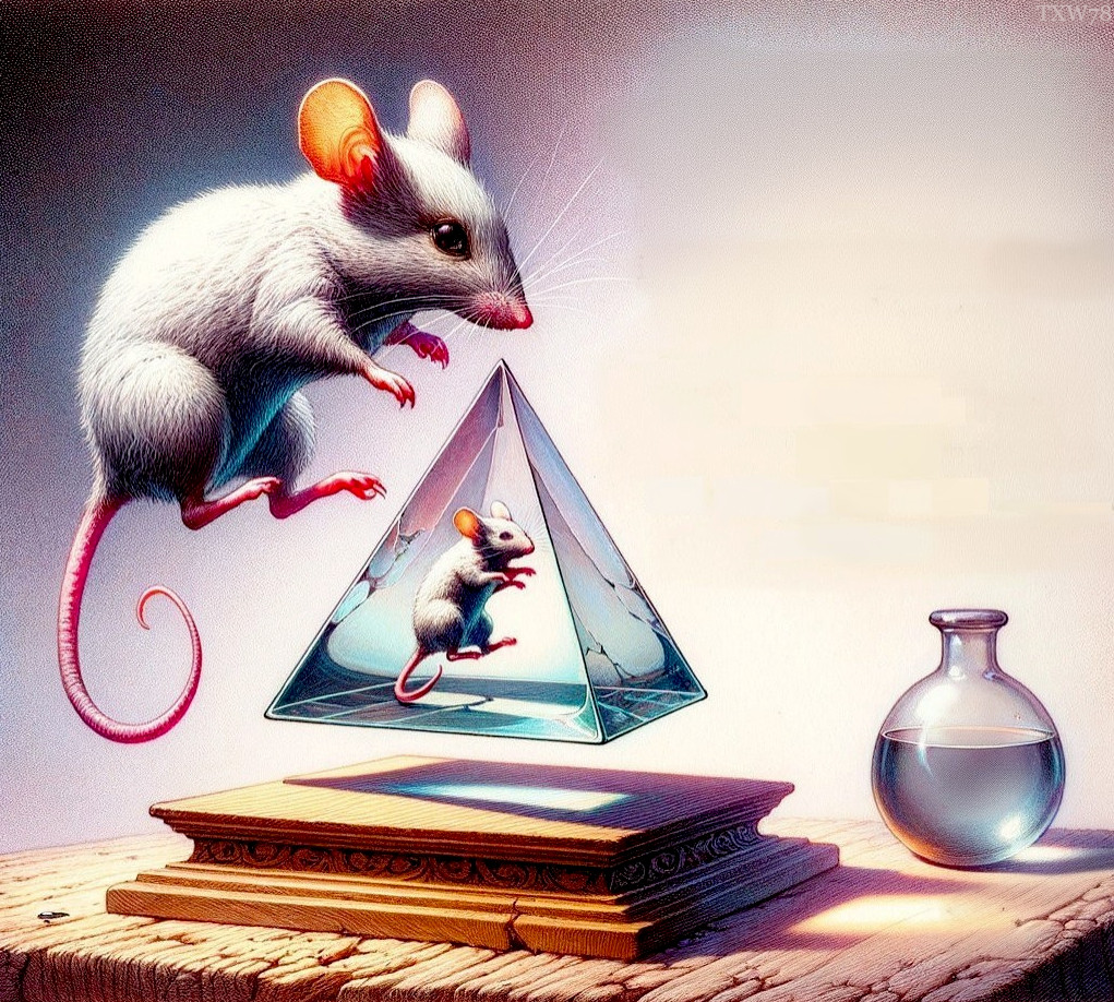 Whimsical Scene of Mice and a Translucent Pyramid