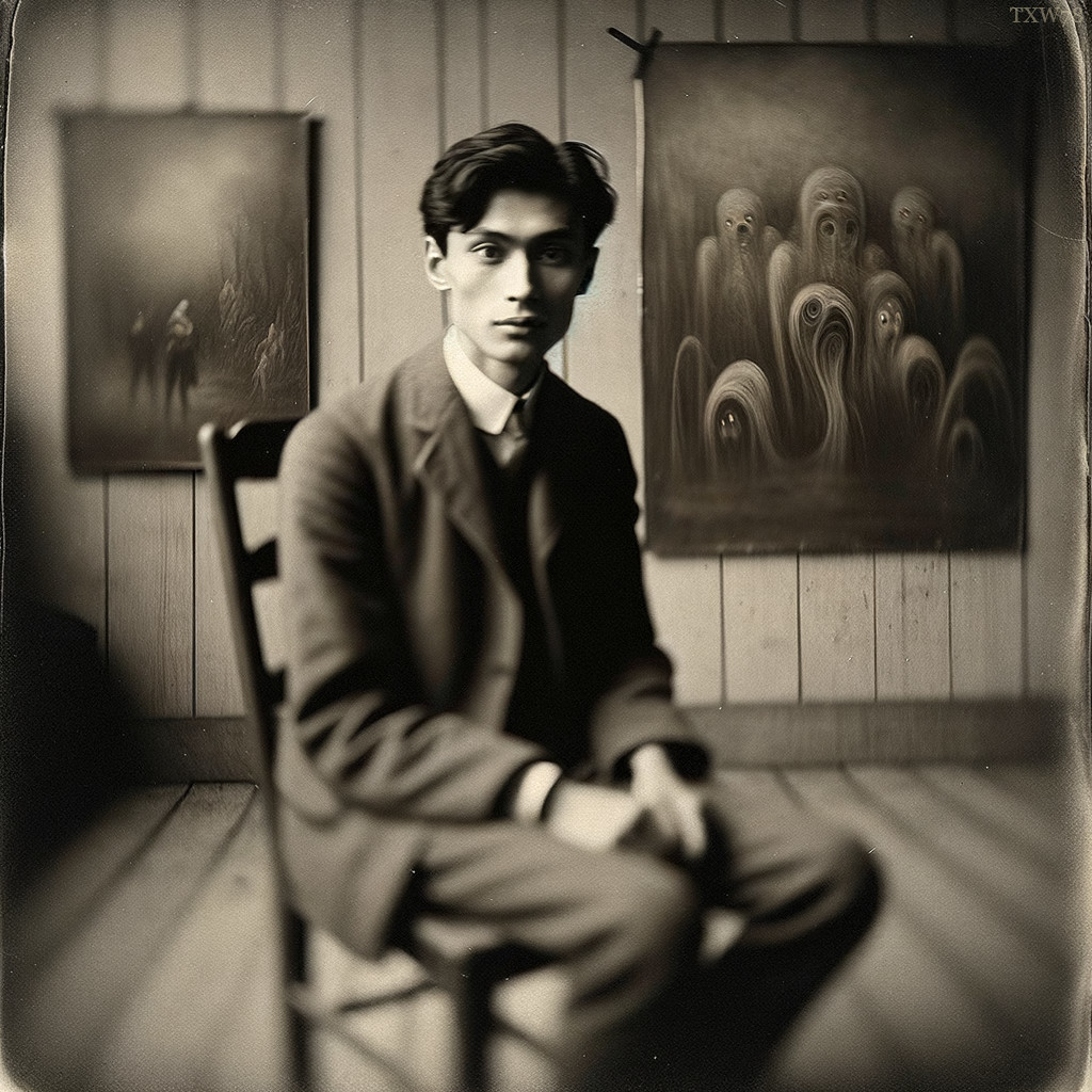 Young man in vintage attire with eerie paintings