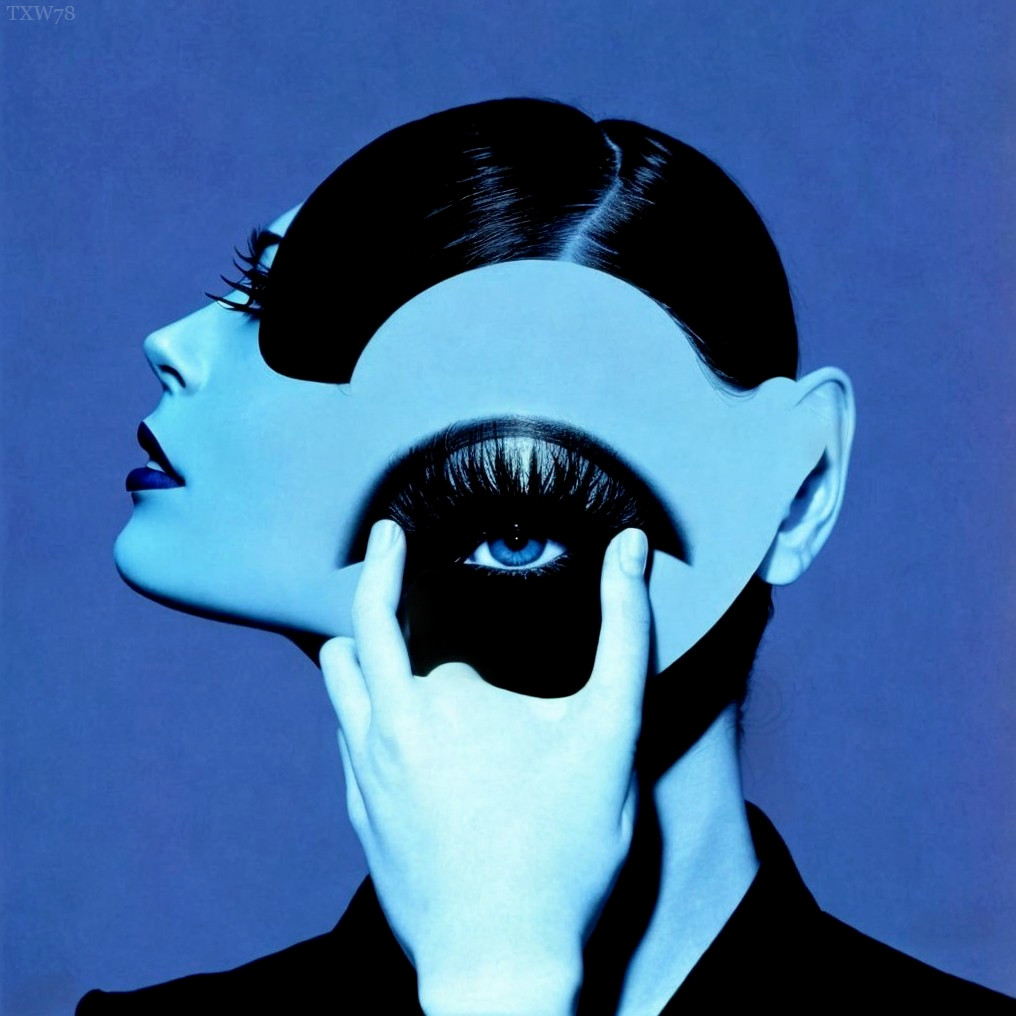 Surreal portrait of a woman with blue face and makeup