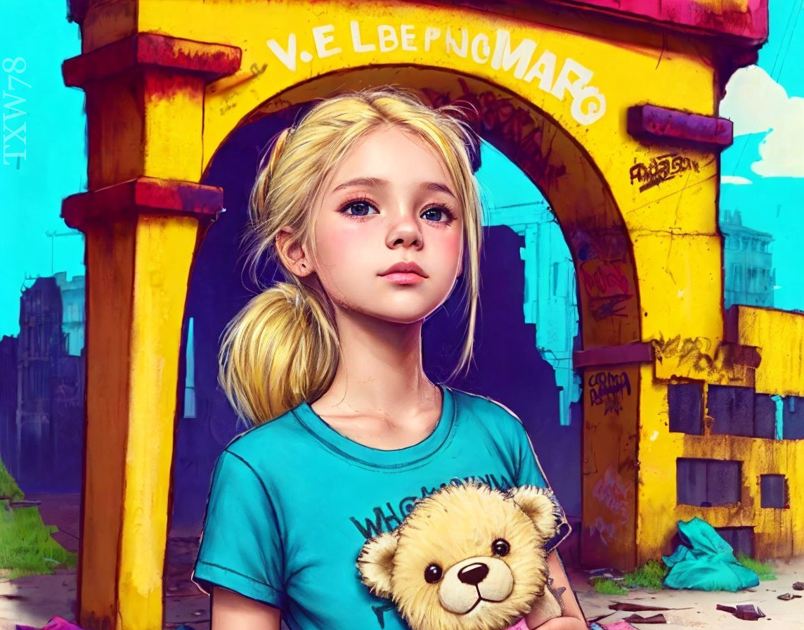 Digital Artwork of Girl by Graffiti-Covered Archway