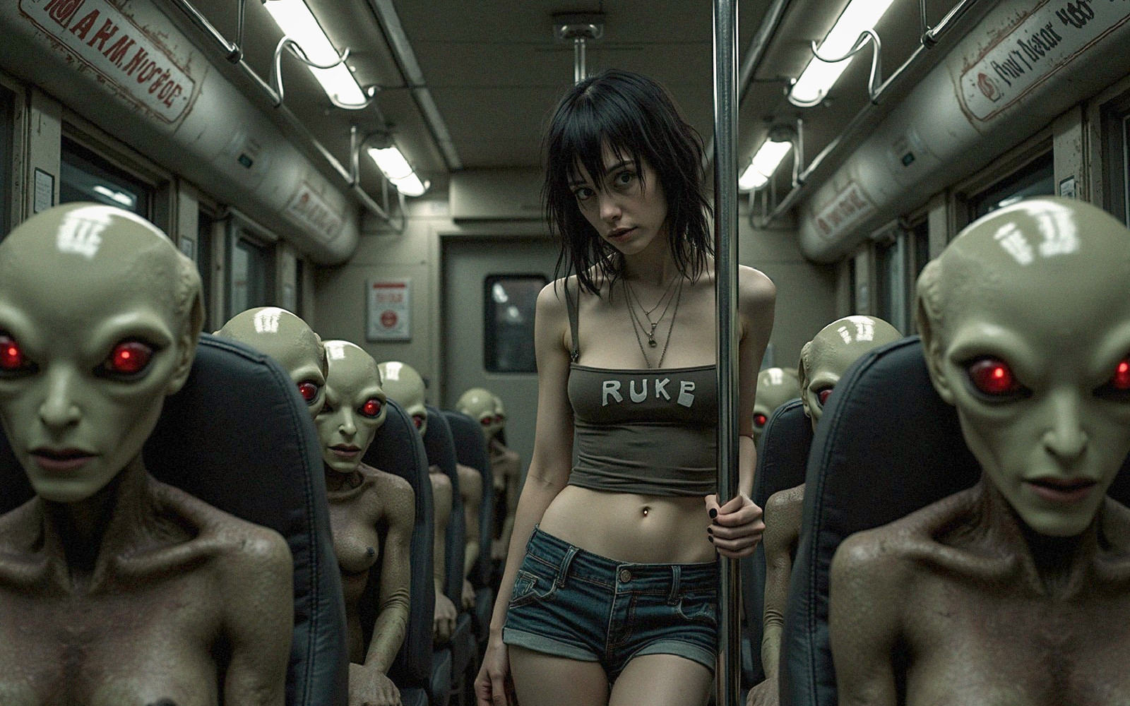 Young Woman Among Eerie Humanoid Aliens in Subway