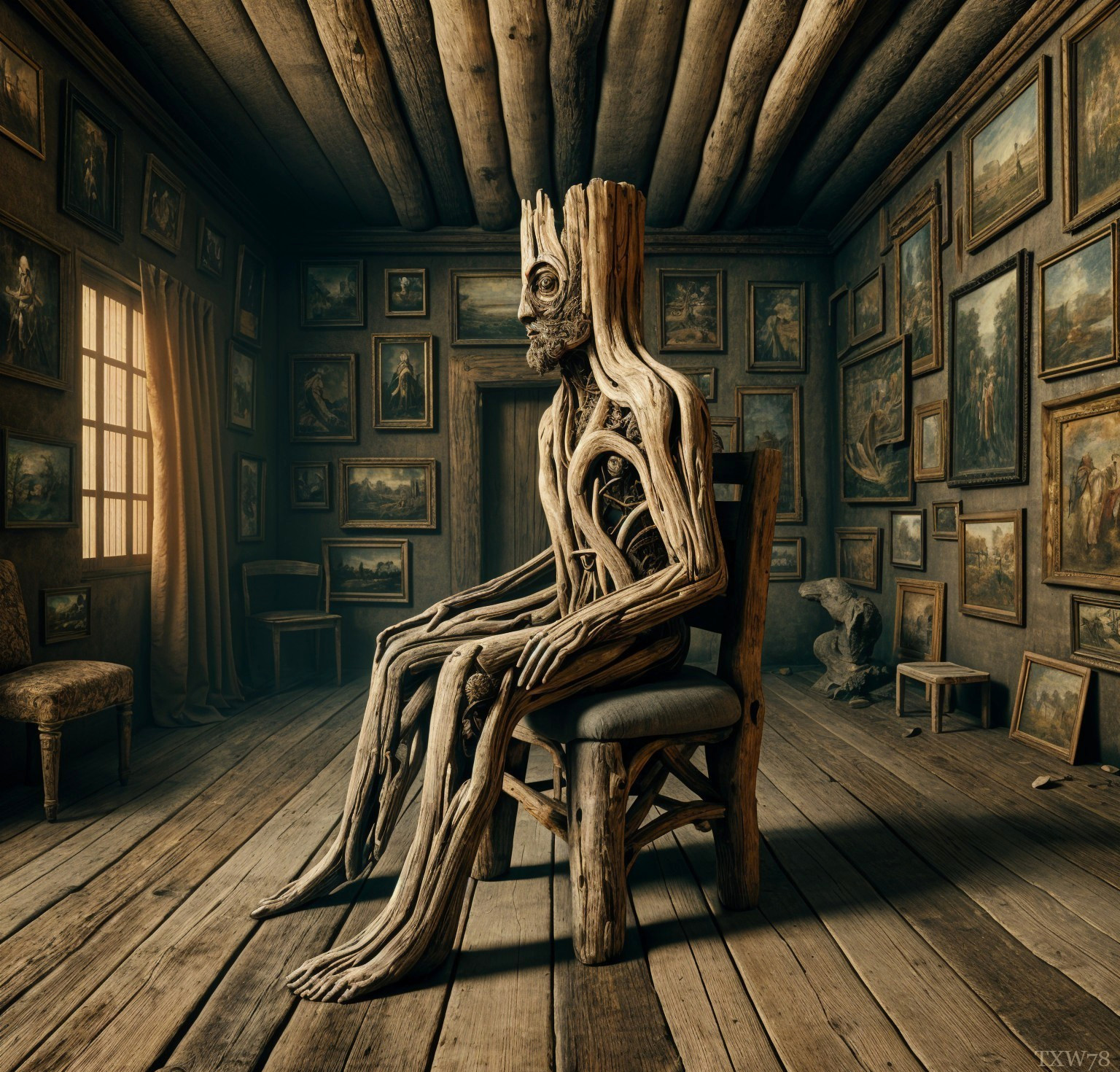 Rustic Room with Wooden Humanoid Figure and Artworks