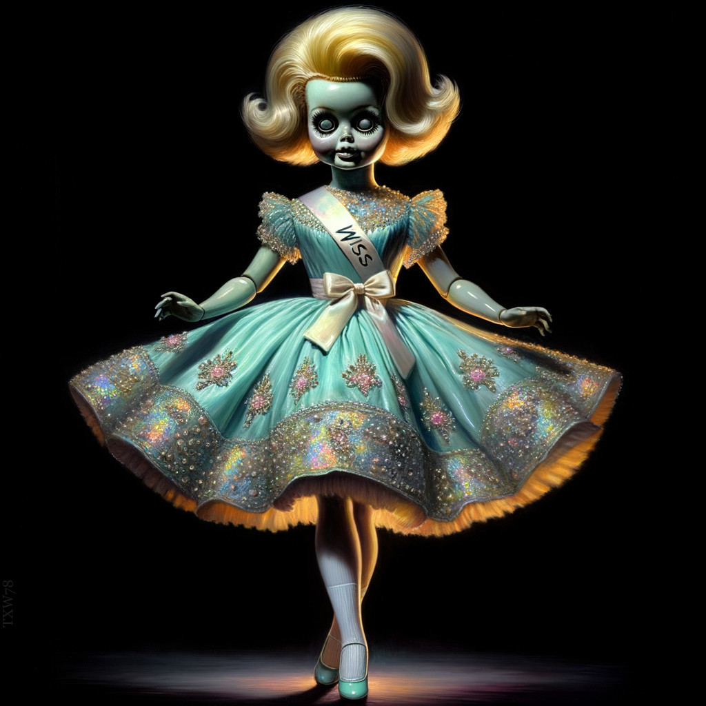 Haunting Vintage Doll in Teal Dress with Floral Patterns