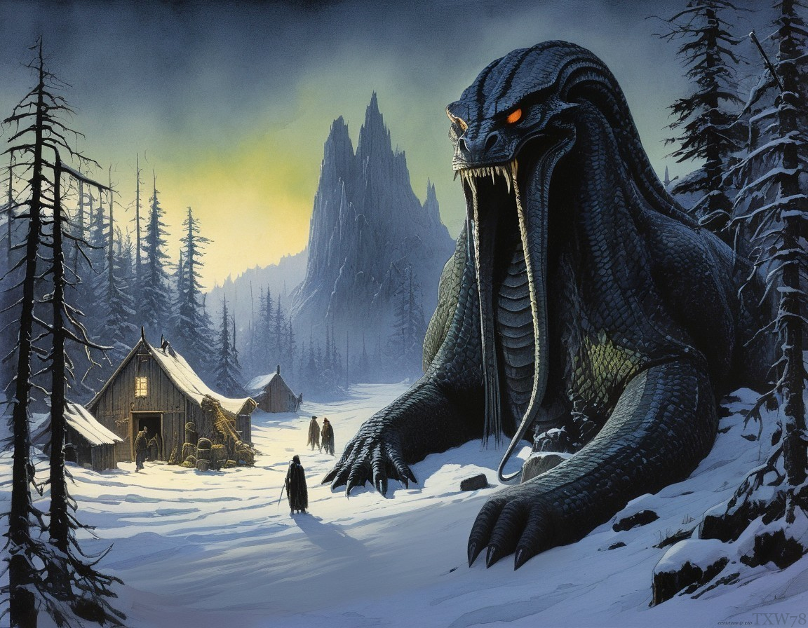 Colossal Serpent in Snowy Landscape with Cabin and Pines