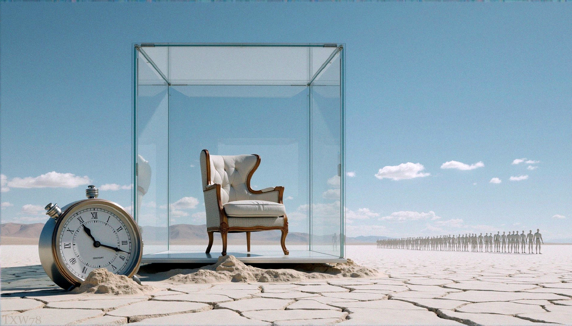 Surreal Landscape with Glass Cube and Antique Clock