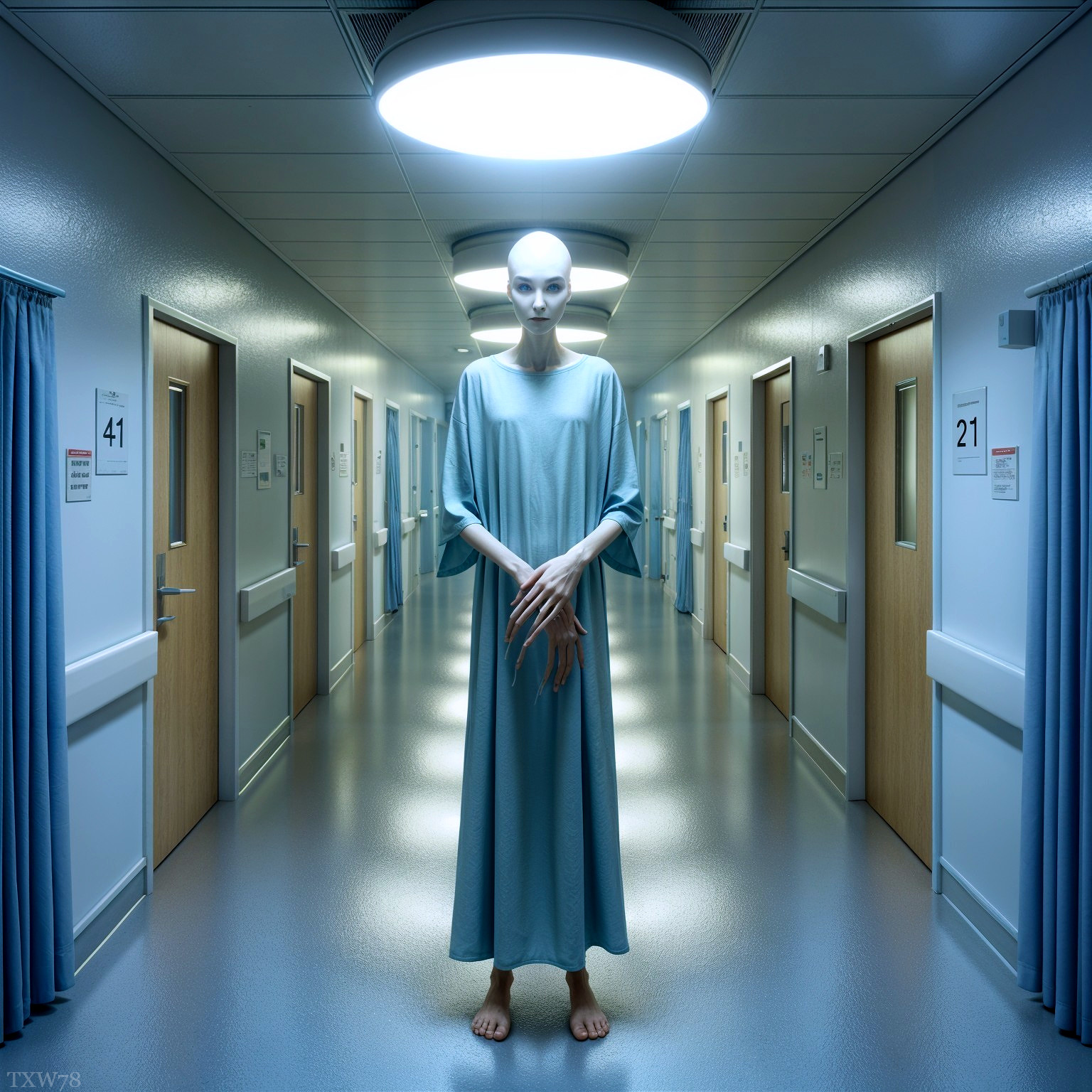 Dimly Lit Hospital Corridor with Eerie Figure