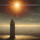 Solitary Figure on Tranquil Shoreline at Sunset