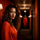 Woman in Orange Dress in Dim Hotel Corridor