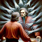 Distorted Reflection of Person in Red Shirt