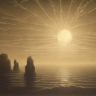 Surreal Landscape with Jagged Rocks and Golden Light