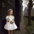 Young girl in white dress with pink roses on path