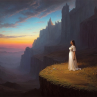 Woman in white gown gazes at distant castle on mountain cliff at dusk