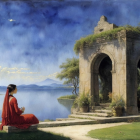 Person in Red Garment Reading by Serene Lake and Archway