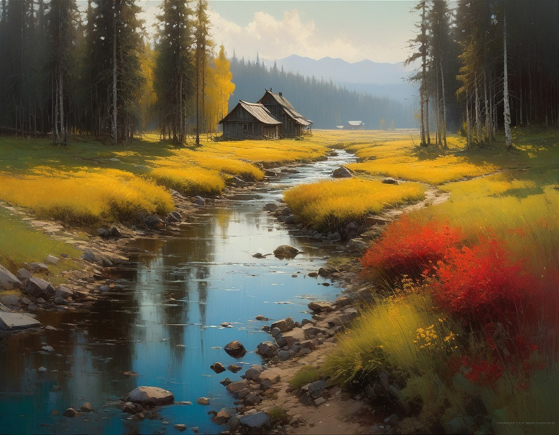 Serene Countryside Landscape with Rustic Cottages