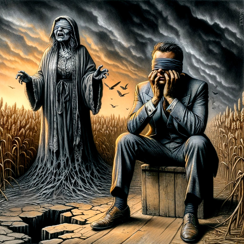 Blindfolded Man and Ghostly Figure in Ominous Landscape