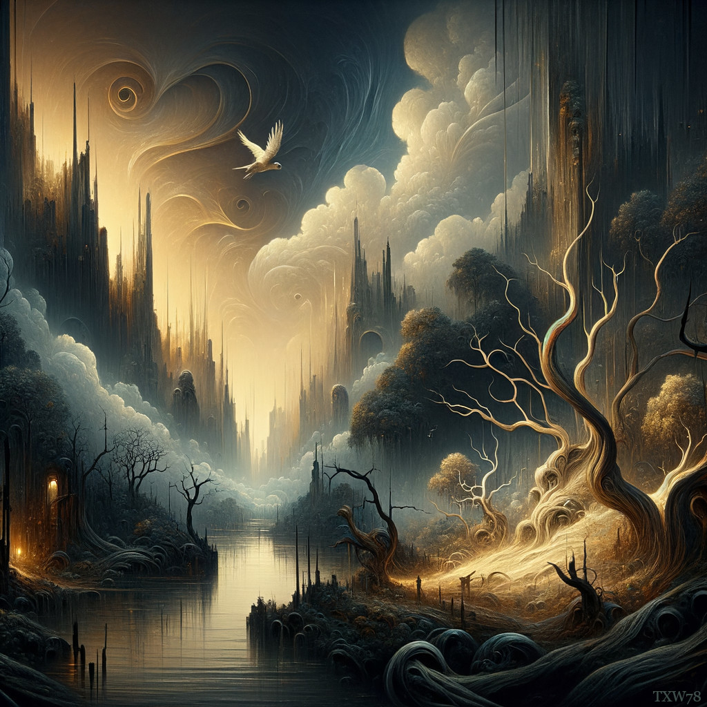 Surreal gothic cityscape with twisted trees and swirling clouds