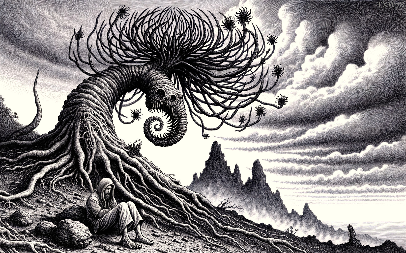 Surreal Landscape with Enormous Tree and Hooded Figure
