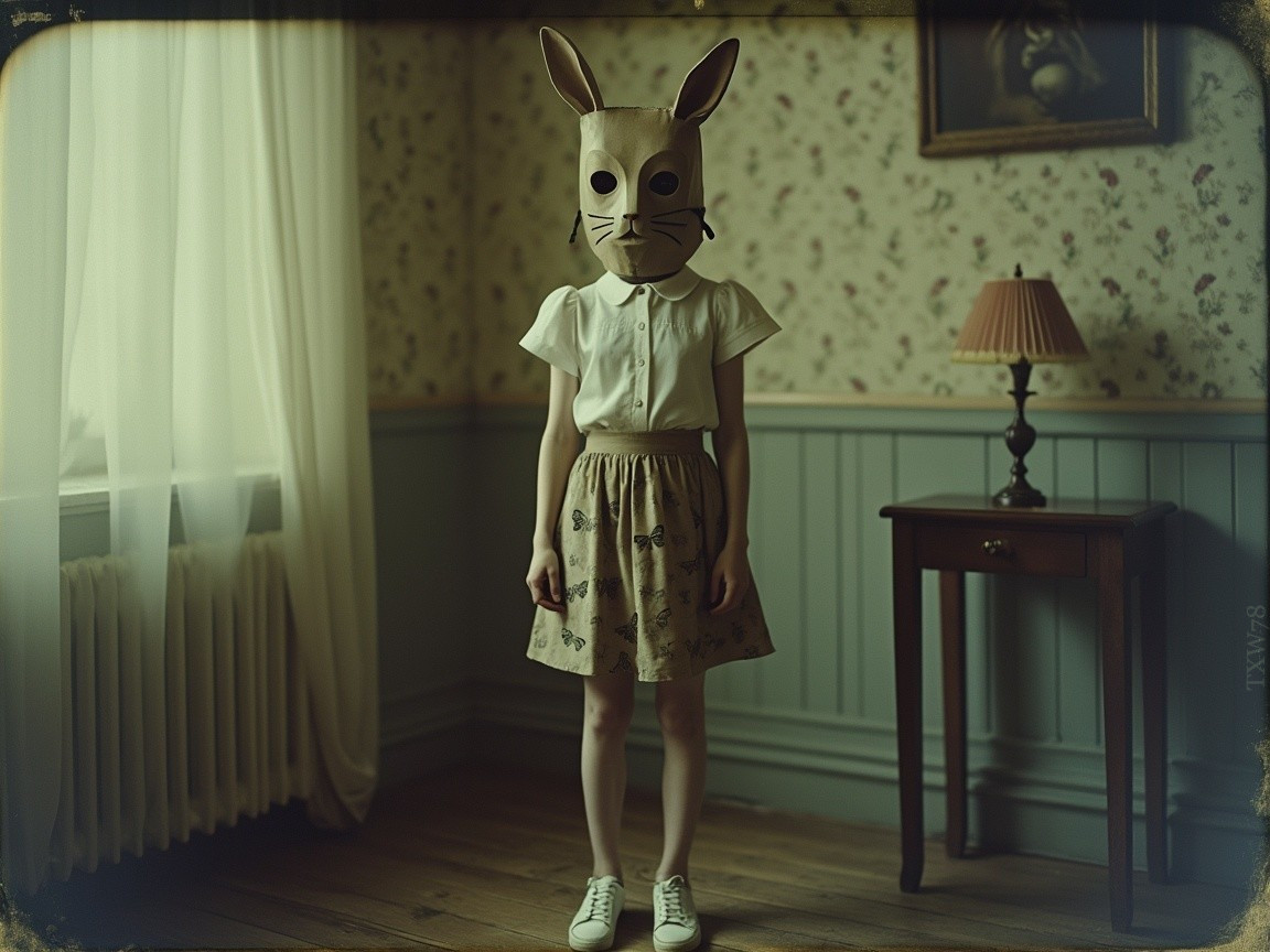 Child in Vintage Room with Rabbit Ear Mask