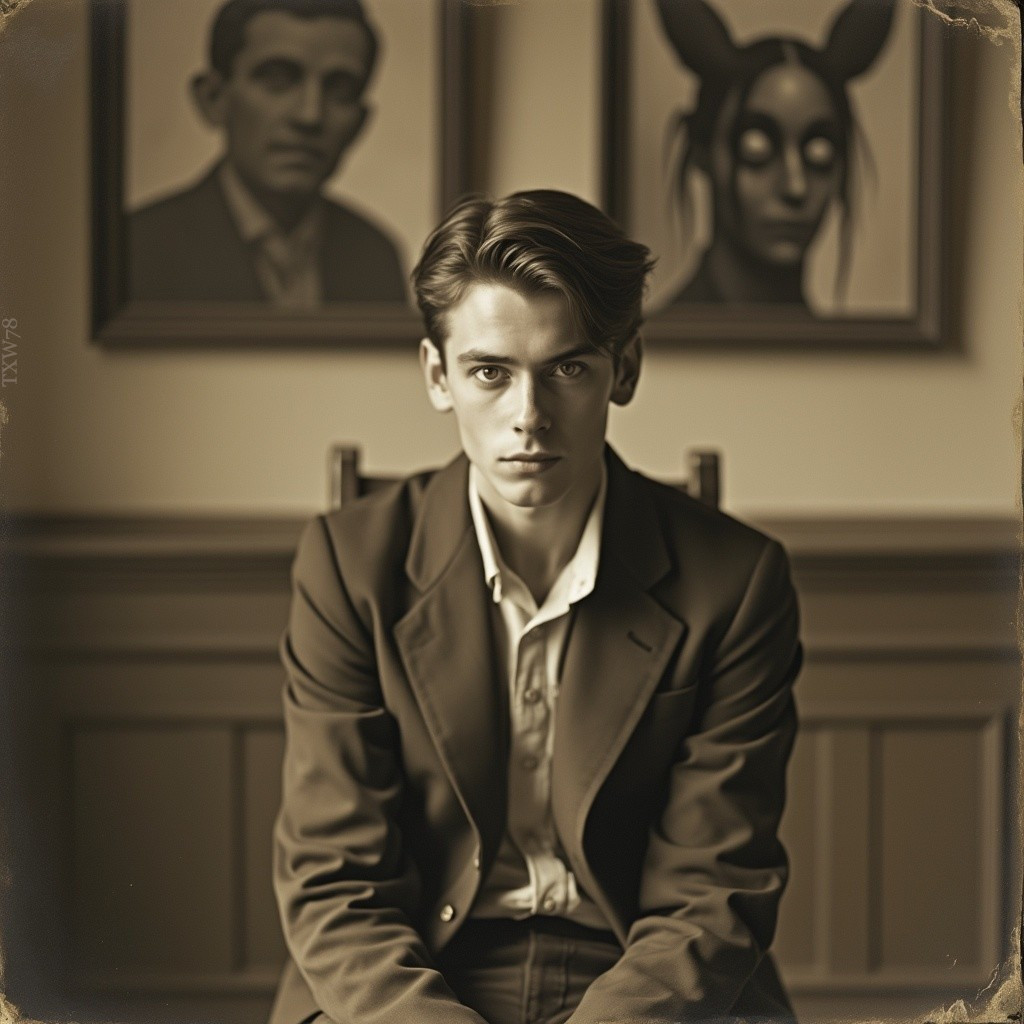 Young man in suit seated with artistic portraits behind