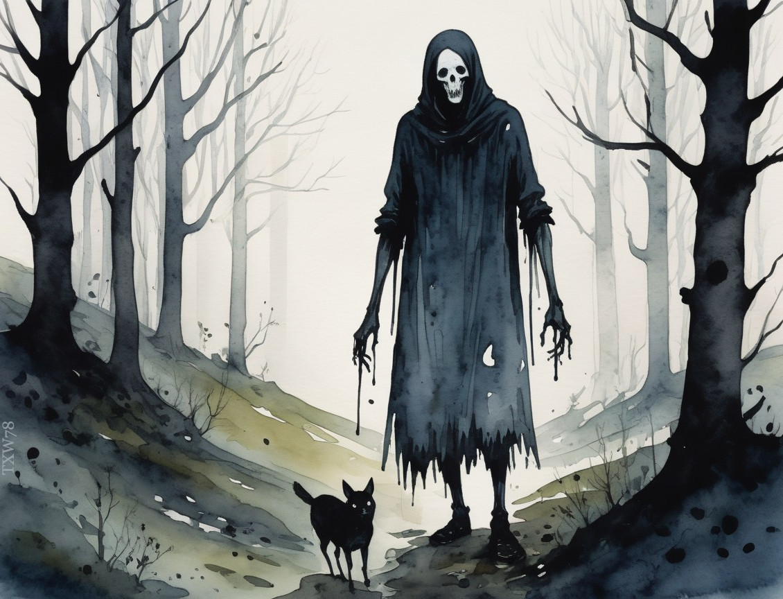 Skeletal Figure and Black Cat in Dark Forest Setting