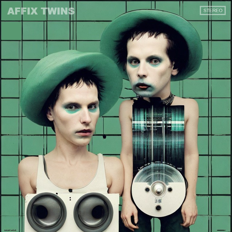 Exaggerated makeup duo in green hats against tiled wall
