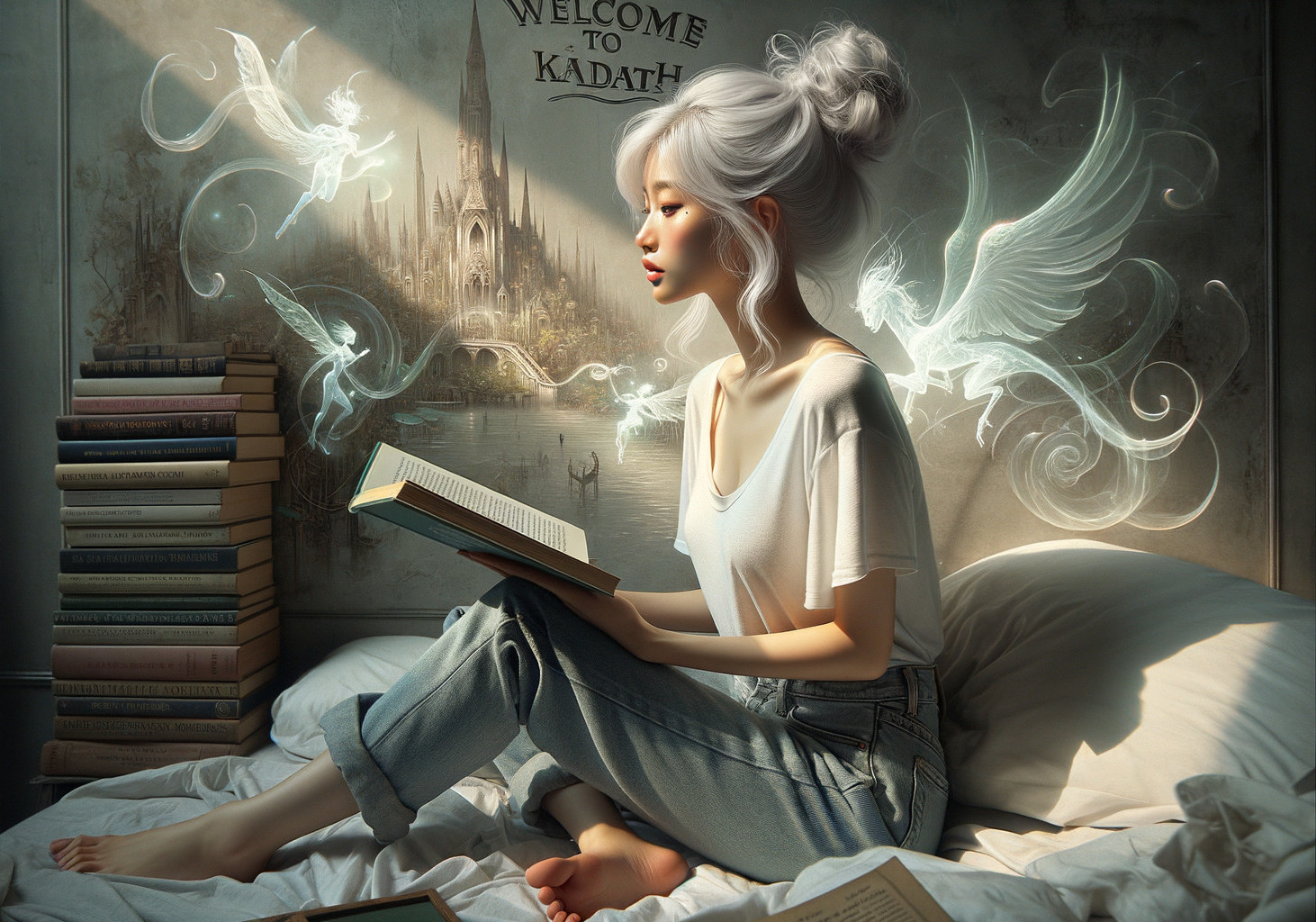 Young Woman Reading in a Magical Book-Laden Room