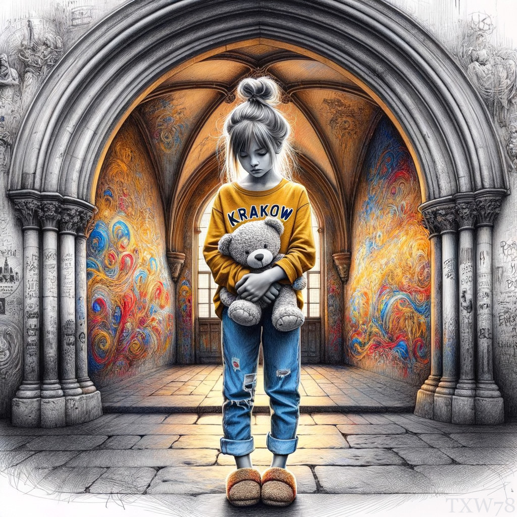 Young girl with teddy bear in gothic archway setting