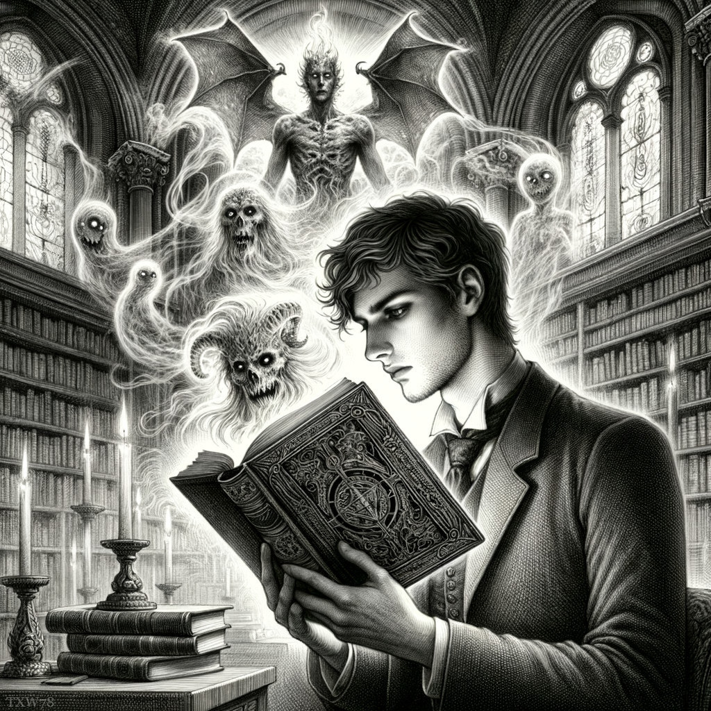 Man reading mystical book in ornate library with floating spectral faces and winged creature, creating gothic