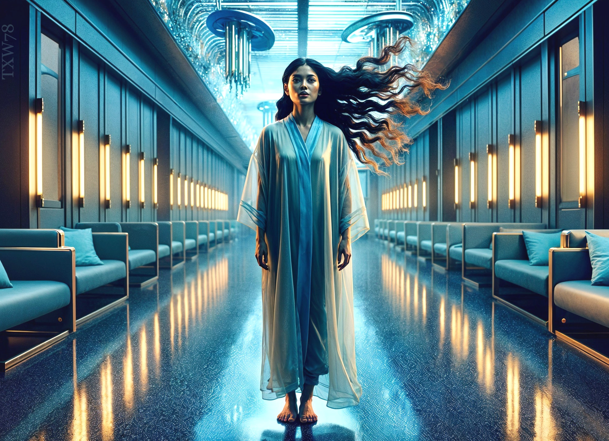 Futuristic Corridor with Confident Woman in Ethereal Robe