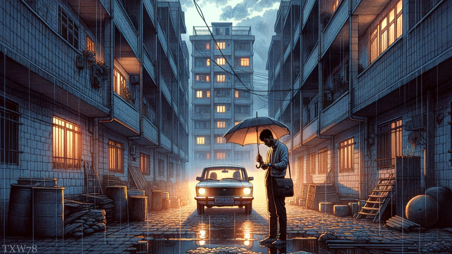 Solitary Figure in Dimly Lit Urban Alley Scene