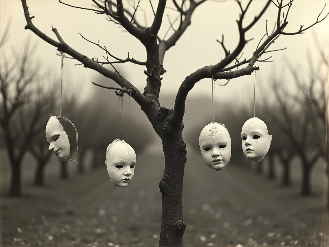 Barren Tree with Porcelain Doll Faces in Foggy Landscape