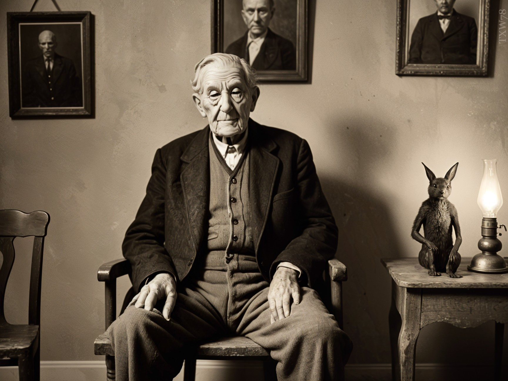 Elderly Man in Vintage Setting with Taxidermy Rabbit