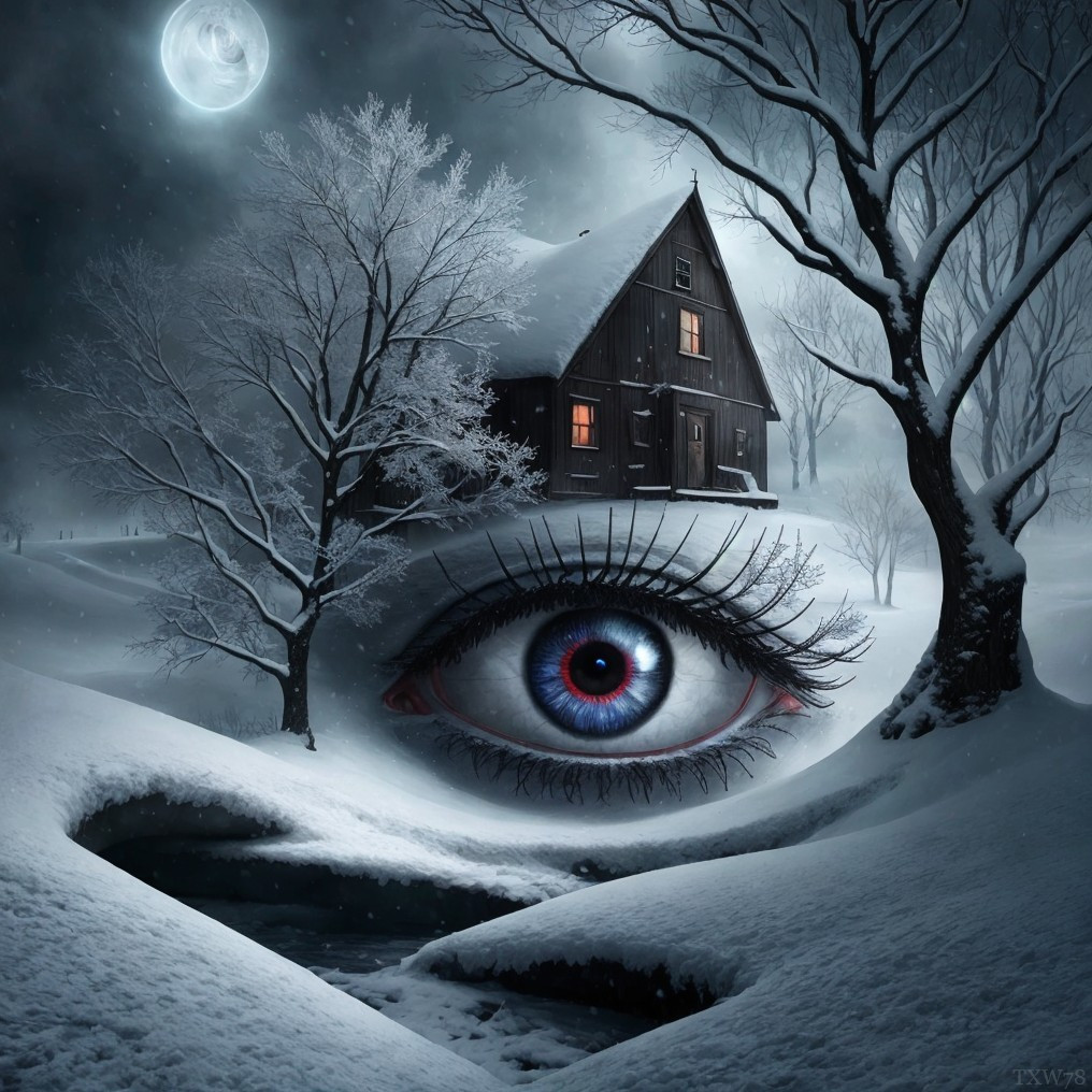 Surreal winter landscape with giant blue eye, house, snow-covered trees, full moon