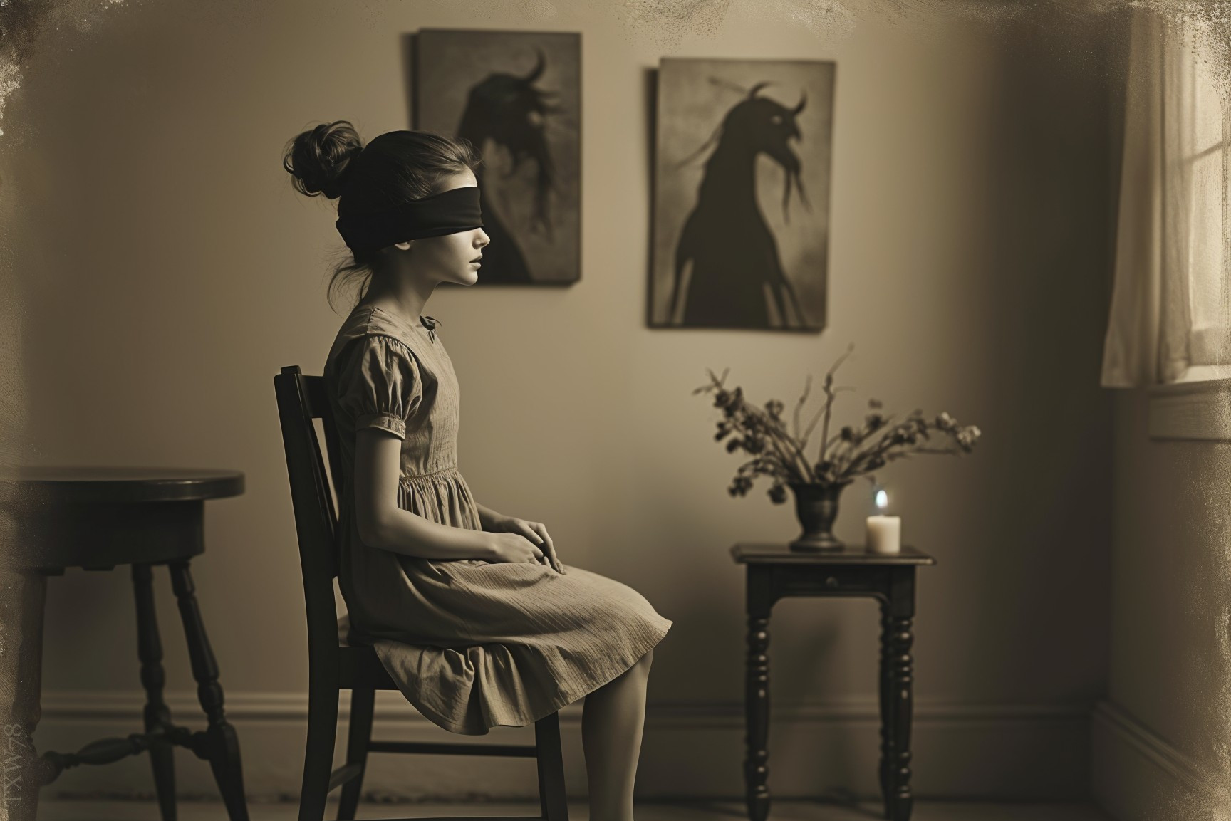Young girl blindfolded in eerie, candlelit room