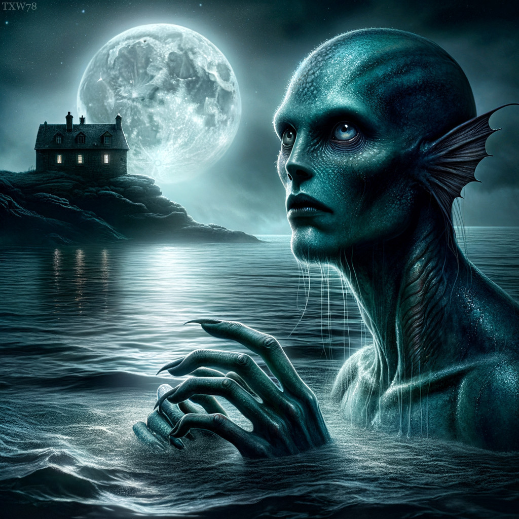Mysterious Aquatic Creature Under Full Moonlight