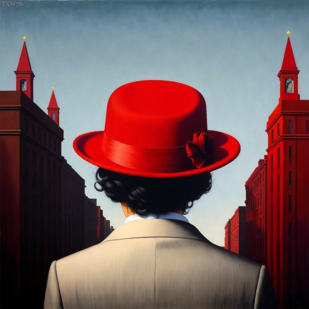 Figure in Red Hat Against Surreal Urban Landscape