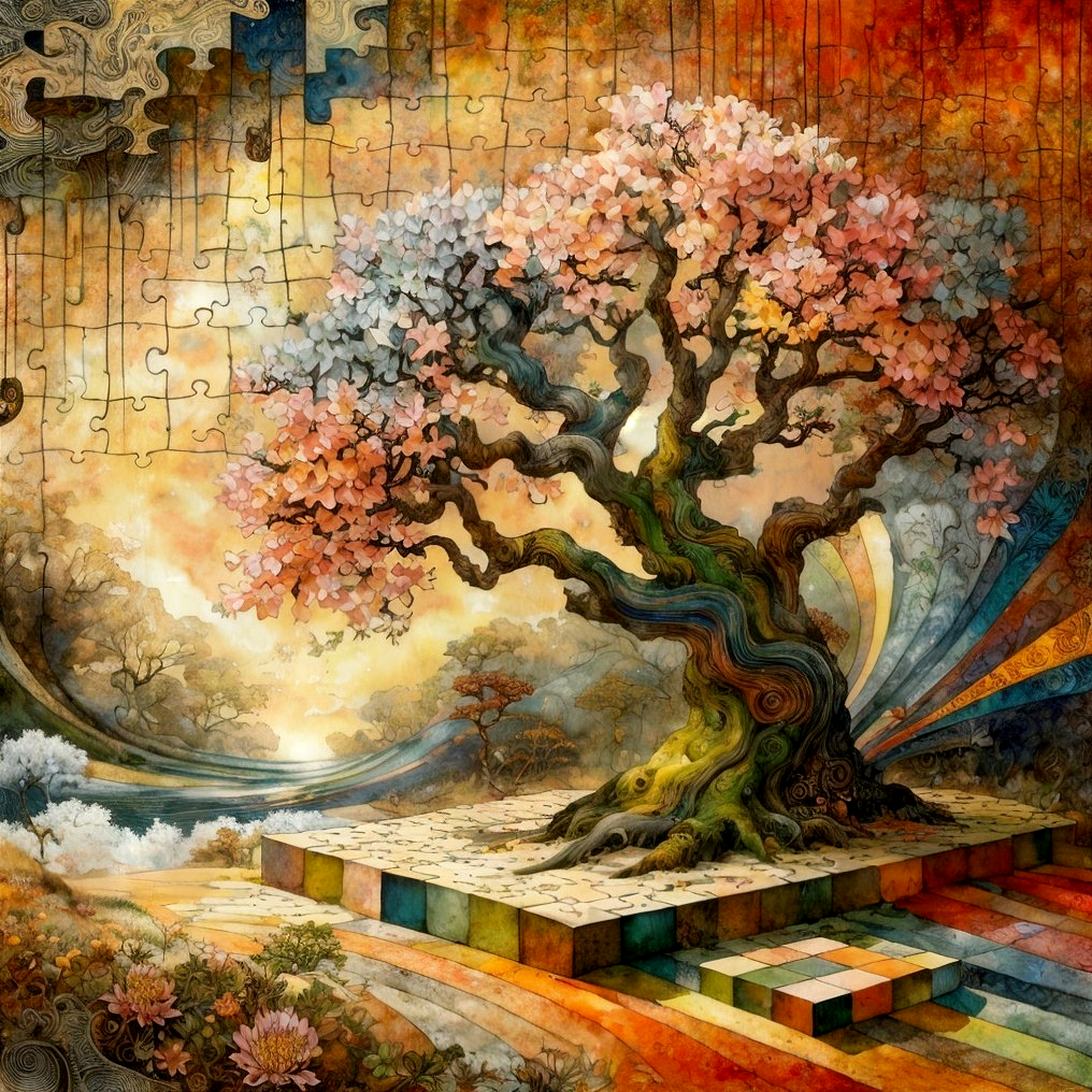 Surreal Landscape with Majestic Pink Blossom Tree