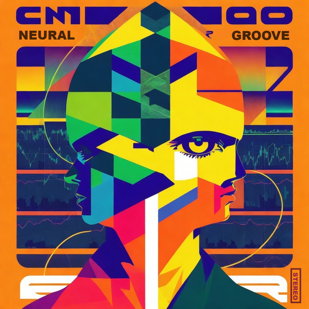 Geometric dual-faced portrait on vibrant retro-futuristic album cover