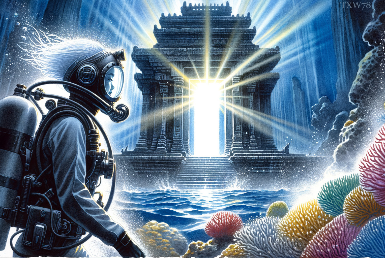Diver in Vintage Suit Explores Ancient Underwater Temple