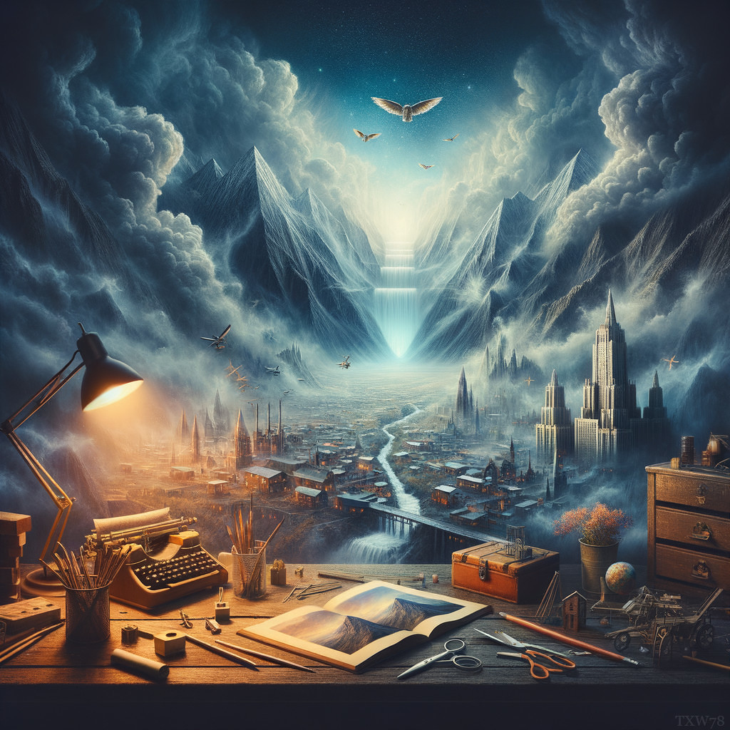 Surreal artwork: mountain landscape, city, desk with typewriter, book, lamp, storm