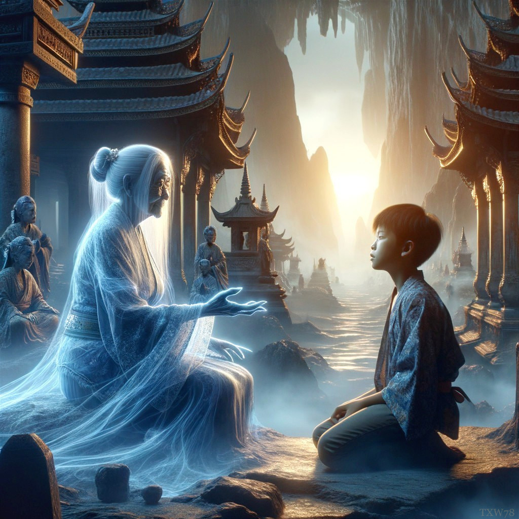 Young boy meets ethereal old man in mystic Asian temple at twilight