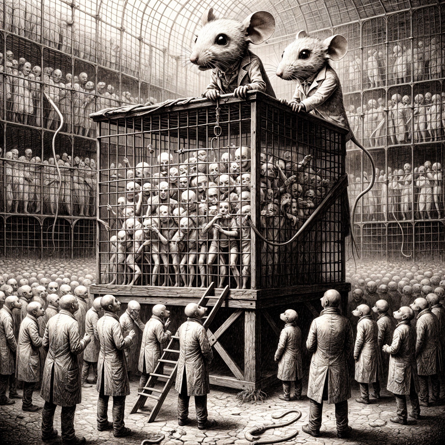 Surreal Dystopian Scene with Mice and Humanoid Figures
