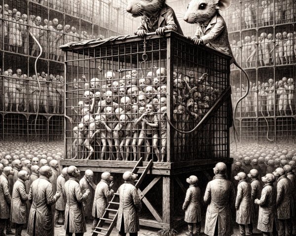 Surreal Dystopian Scene with Mice and Humanoid Figures