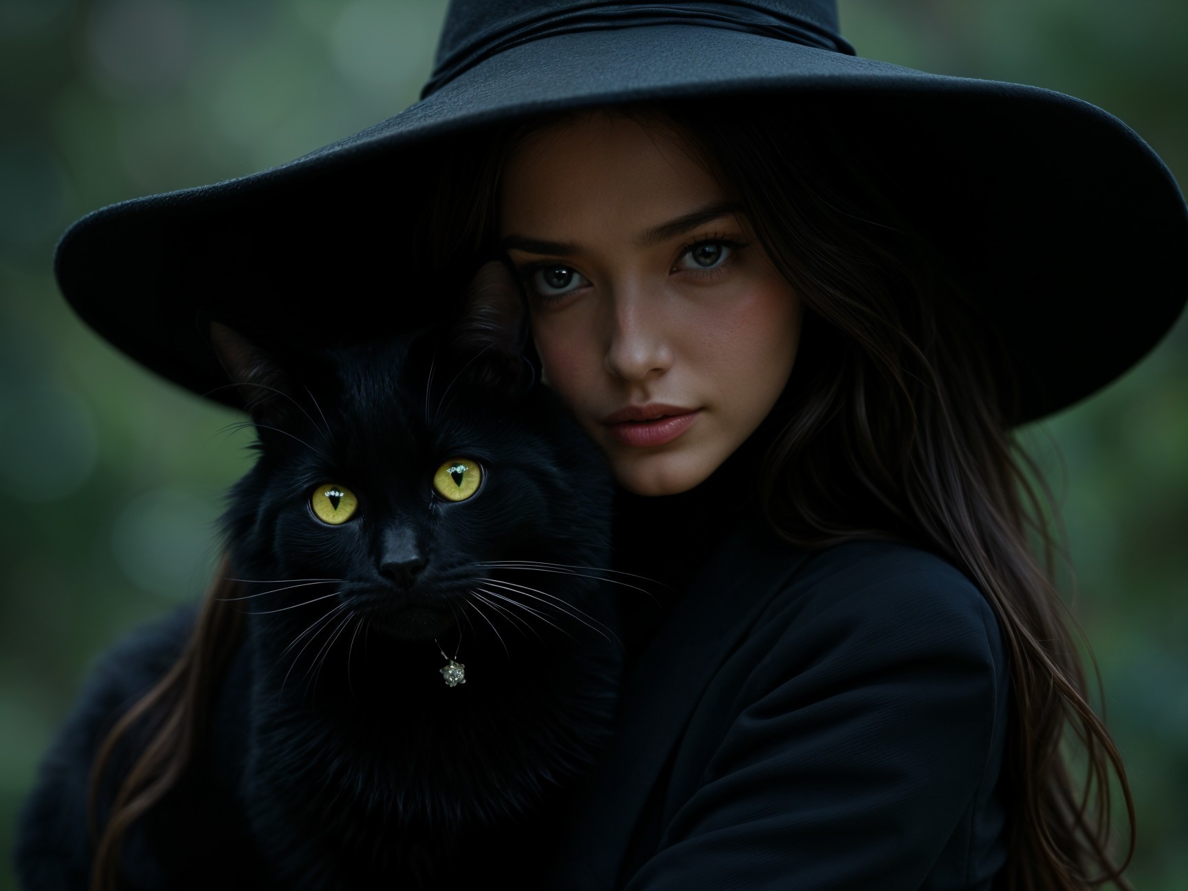 Young woman in black hat holding a sleek black cat