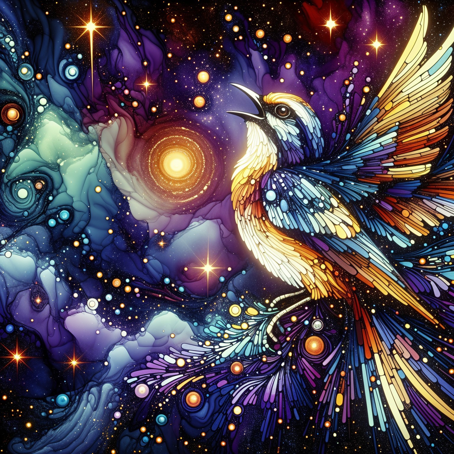 Stylized Bird Against Cosmic Galaxy Backdrop