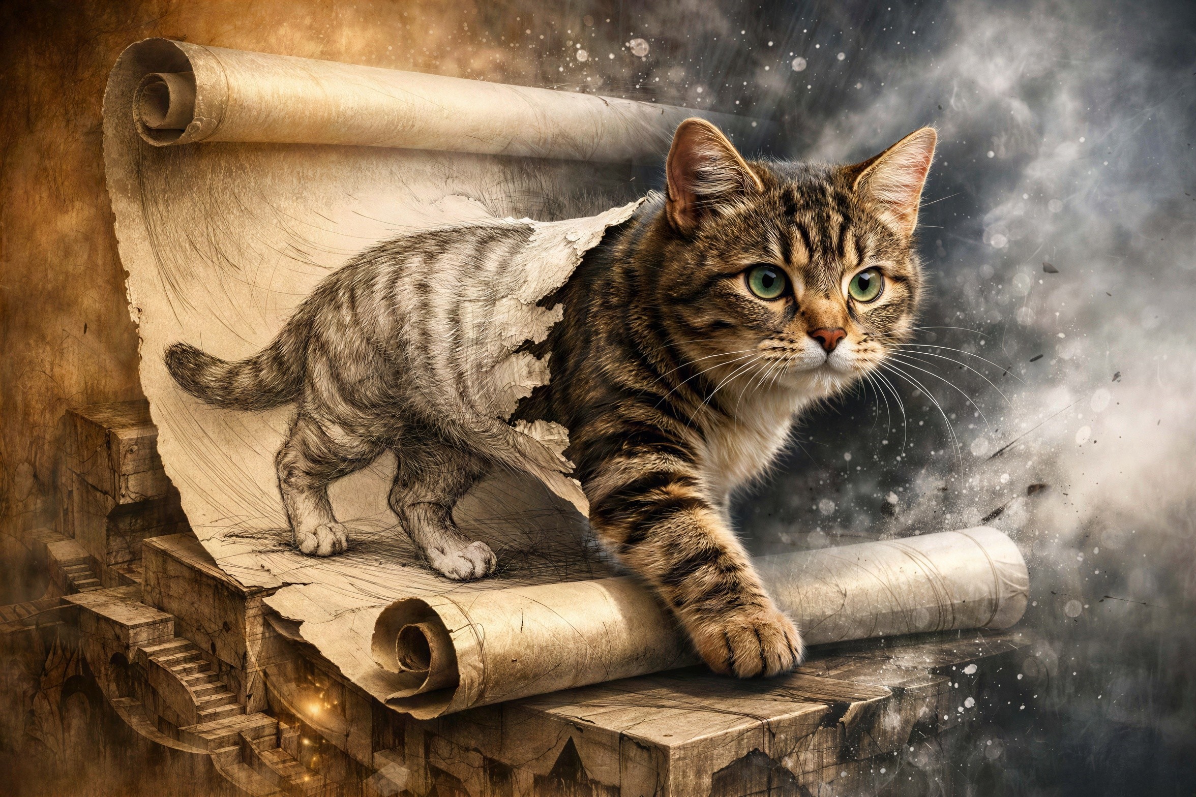 Fantasy Digital Painting of a Tabby Cat Emerging from Scroll