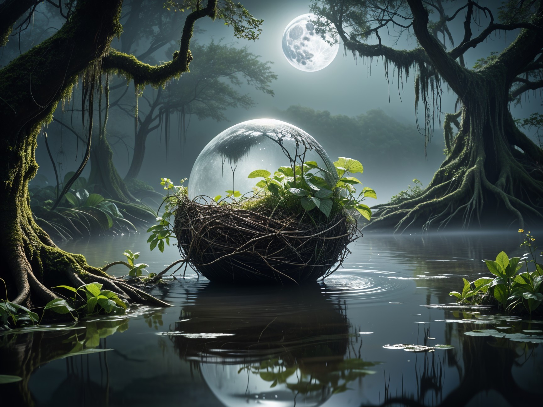 Moonlit Forest with Glass Orb on Tranquil Water