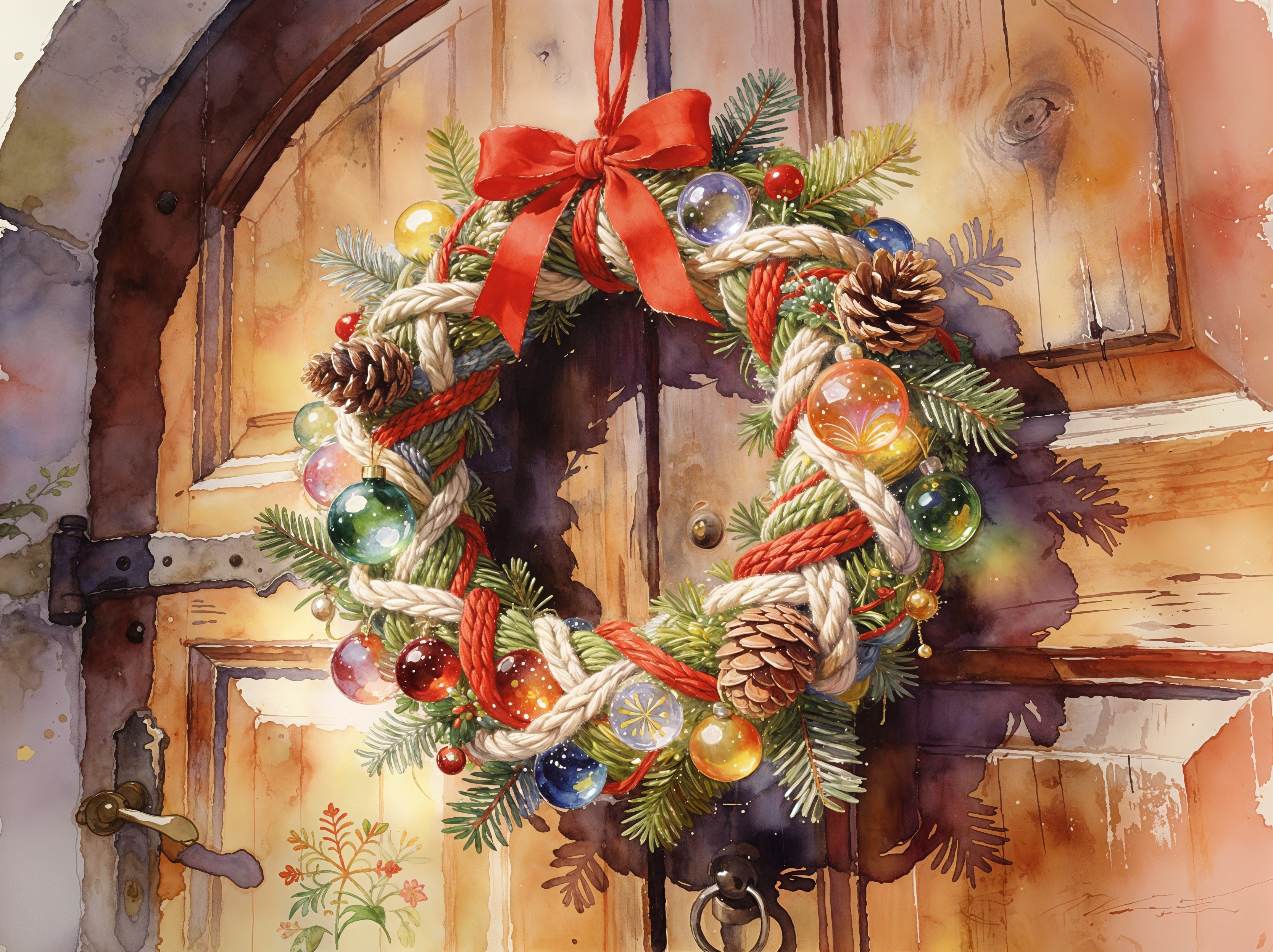 Watercolor Illustration of a Christmas Wreath on Door